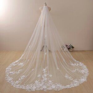 Floral Lace Cathedral Wedding Veil with Pearls